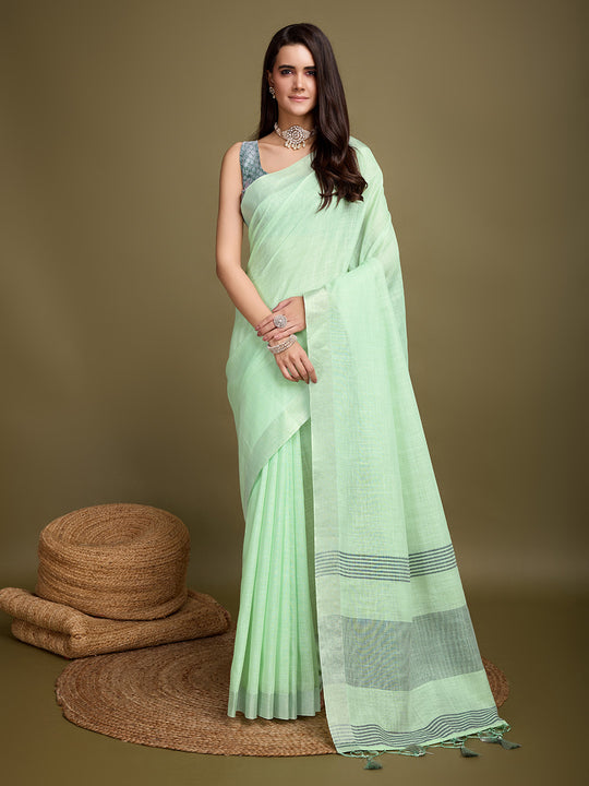 Sea Green Linen Blend Daily Wear Saree With Blouse Piece