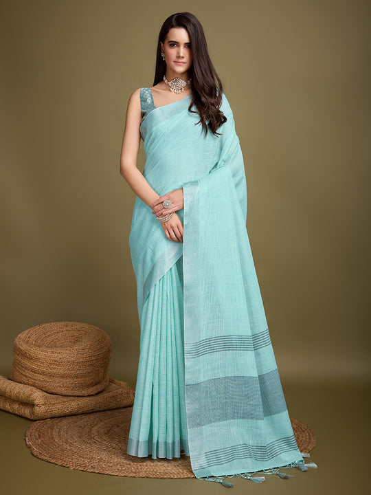 Turquoise Blue Linen Blend Daily Wear Saree With Blouse Piece