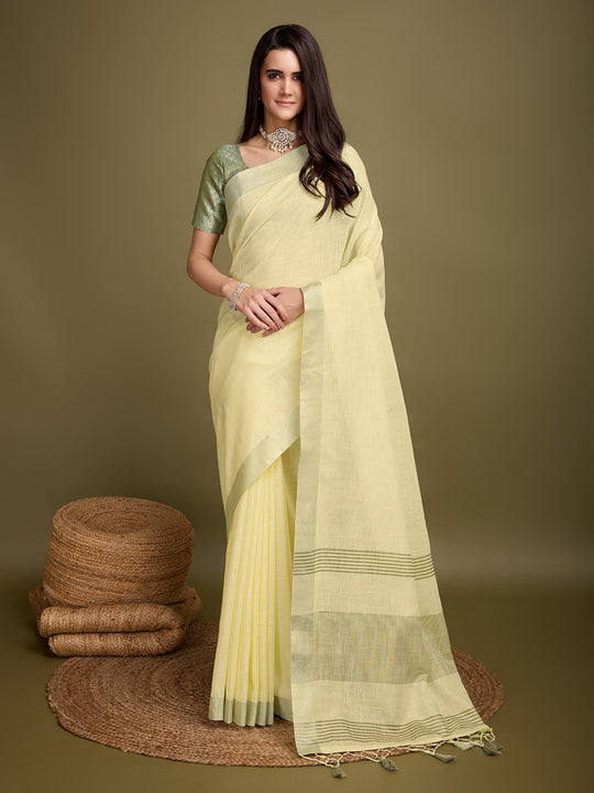 Yellow Linen Blend Daily Wear Saree With Blouse Piece
