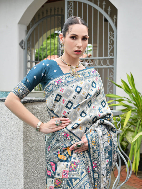 Rama Banarasi Silk Patola Saree With Blouse Piece
