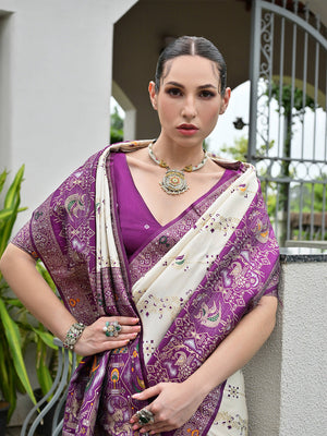 Wine Banarasi Silk Patola Saree With Blouse Piece