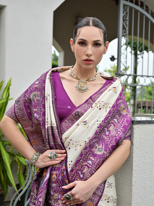 Wine Banarasi Silk Patola Saree With Blouse Piece