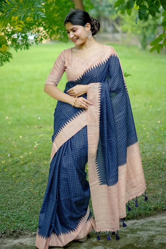 Tussar Silk Saree Featuring Beautiful Checks Printed Saree