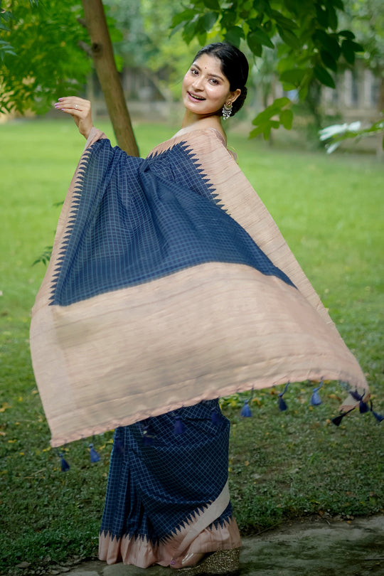 Tussar Silk Saree Featuring Beautiful Checks Printed Saree