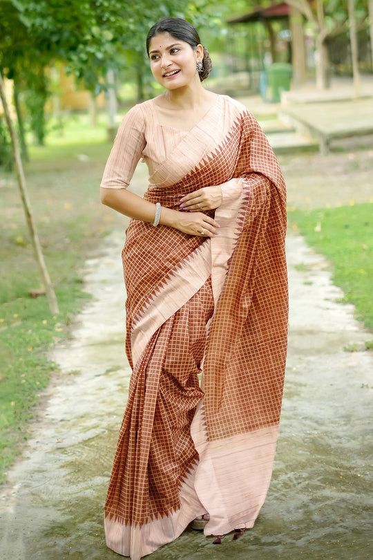 Tussar Silk Saree Featuring Beautiful Checks Printed Saree