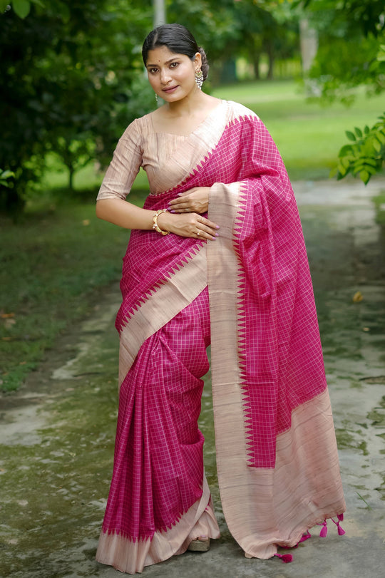 Tussar Silk Saree Featuring Beautiful Checks Printed Saree
