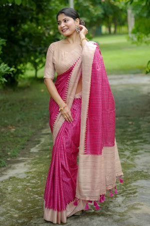 Tussar Silk Saree Featuring Beautiful Checks Printed Saree