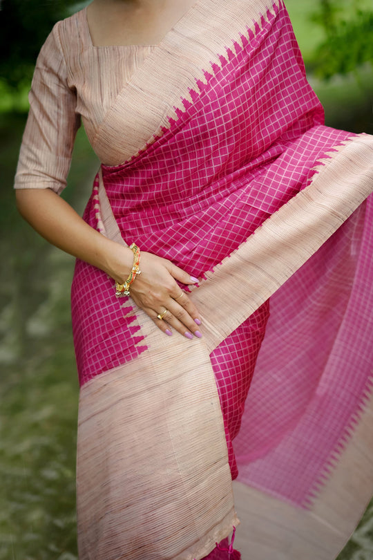 Tussar Silk Saree Featuring Beautiful Checks Printed Saree