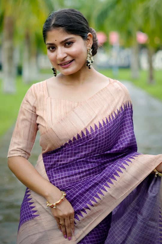 Tussar Silk Saree Featuring Beautiful Checks Printed Saree