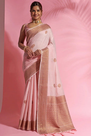 Womens Cotton Pink Saree With Blouse Piece