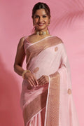 Womens Cotton Pink Saree With Blouse Piece