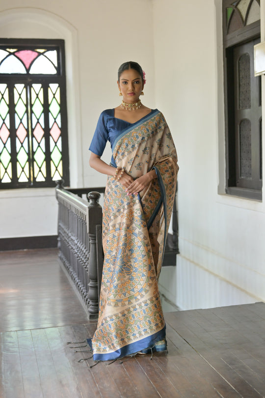 Blue Soft Tussar Silk Saree With Beautiful Madhu Bani Prints With Traditional Printed Pallu And Fancy Tassels With Contrast Blouse Piece