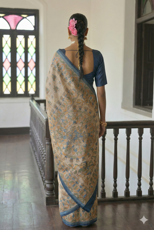 Blue Soft Tussar Silk Saree With Beautiful Madhu Bani Prints With Traditional Printed Pallu And Fancy Tassels With Contrast Blouse Piece