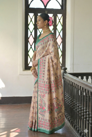 Green Soft Tussar Silk Saree With Beautiful Madhu Bani Prints With Traditional Printed Pallu And Fancy Tassels With Contrast Blouse Piece