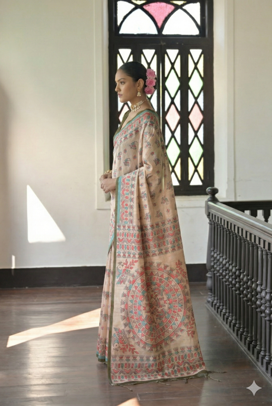 Mehendi Soft Tussar Silk Saree With Beautiful Madhu Bani Prints With Traditional Printed Pallu And Fancy Tassels With Contrast Blouse Piece