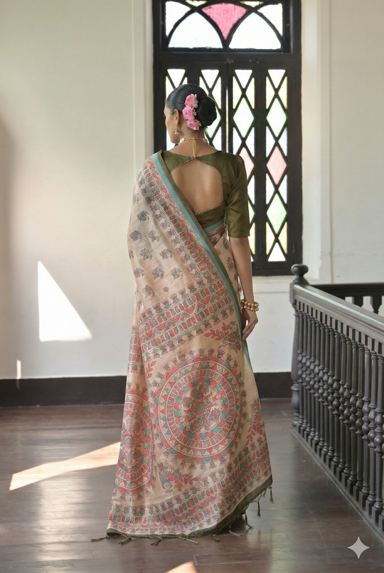 Mehendi Soft Tussar Silk Saree With Beautiful Madhu Bani Prints With Traditional Printed Pallu And Fancy Tassels With Contrast Blouse Piece