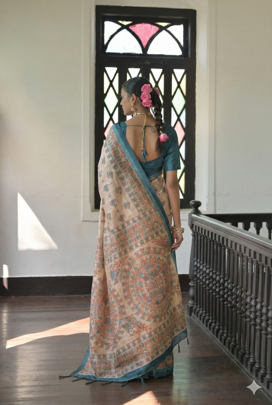 Rama  Soft Tussar Silk Saree With Beautiful Madhu Bani Prints With Traditional Printed Pallu And Fancy Tassels With Contrast Blouse Piece