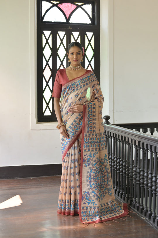 Red Soft Tussar Silk Saree With Beautiful Madhu Bani Prints With Traditional Printed Pallu And Fancy Tassels With Contrast Blouse Piece
