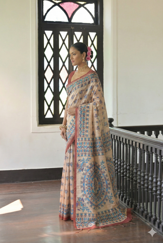 Red Soft Tussar Silk Saree With Beautiful Madhu Bani Prints With Traditional Printed Pallu And Fancy Tassels With Contrast Blouse Piece