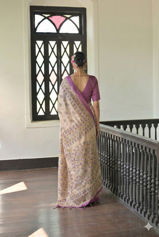 Wine Soft Tussar Silk Saree With Beautiful Madhu Bani Prints With Traditional Printed Pallu And Fancy Tassels With Contrast Blouse Piece