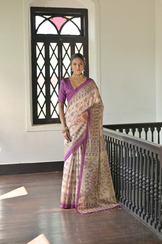 Wine Soft Tussar Silk Saree With Beautiful Madhu Bani Prints With Traditional Printed Pallu And Fancy Tassels With Contrast Blouse Piece