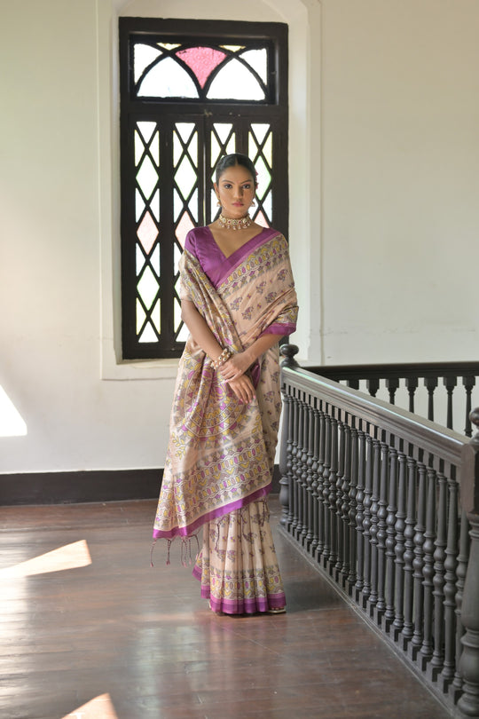 Wine Soft Tussar Silk Saree With Beautiful Madhu Bani Prints With Traditional Printed Pallu And Fancy Tassels With Contrast Blouse Piece