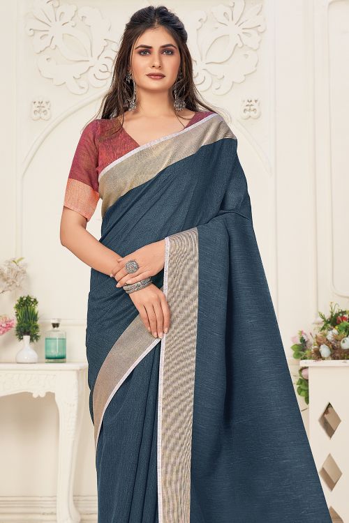 Azure Blue Linen Blend Saree