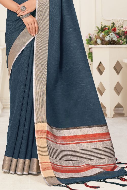 Azure Blue Linen Blend Saree