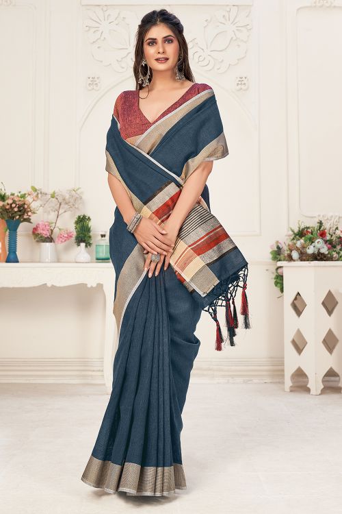 Azure Blue Linen Blend Saree