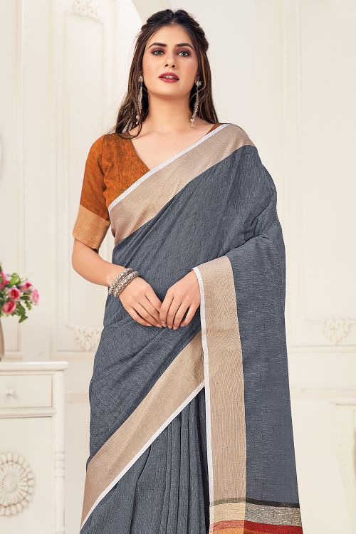 Pewter Grey Linen Blend Saree