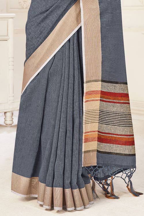 Pewter Grey Linen Blend Saree