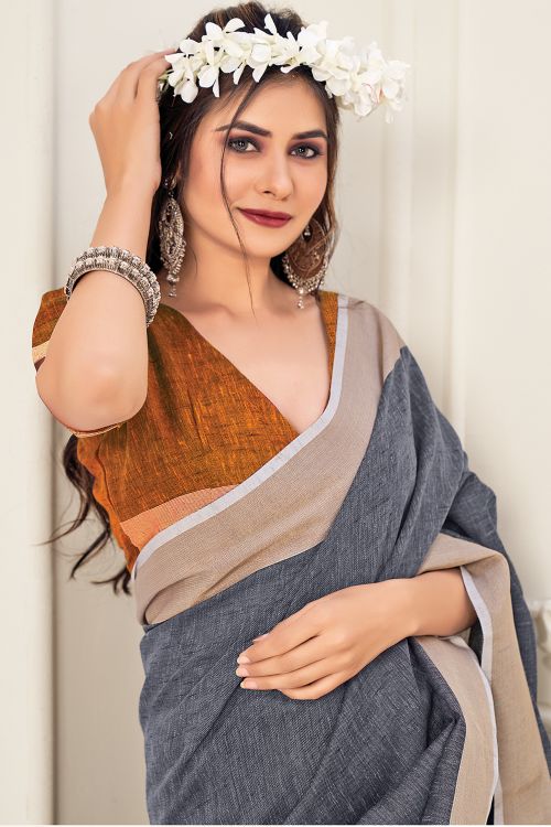 Pewter Grey Linen Blend Saree