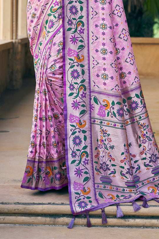 Pink Patola Silk Blend Saree With Blouse Piece