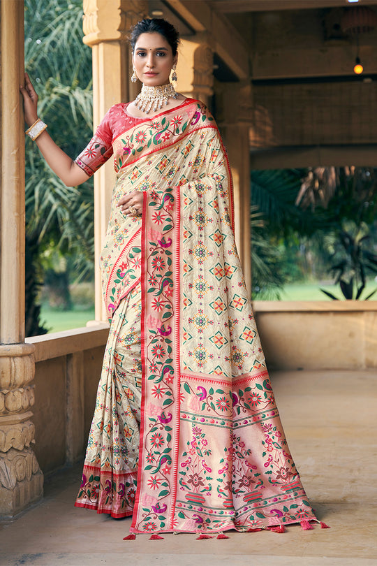 Cream Patola Silk Blend Saree With Blouse Piece