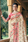 Cream Patola Silk Blend Saree With Blouse Piece