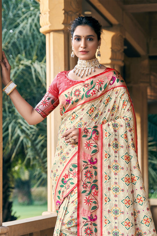 Cream Patola Silk Blend Saree With Blouse Piece
