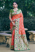 Orange Patola Silk Blend Saree With Blouse Piece