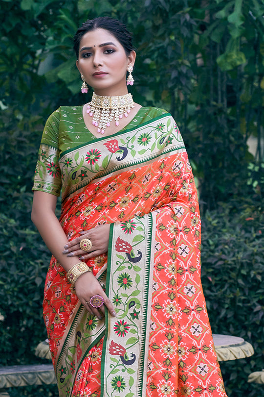 Orange Patola Silk Blend Saree With Blouse Piece