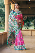 Pink Patola Silk Blend Saree With Blouse Piece