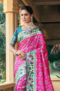 Pink Patola Silk Blend Saree With Blouse Piece