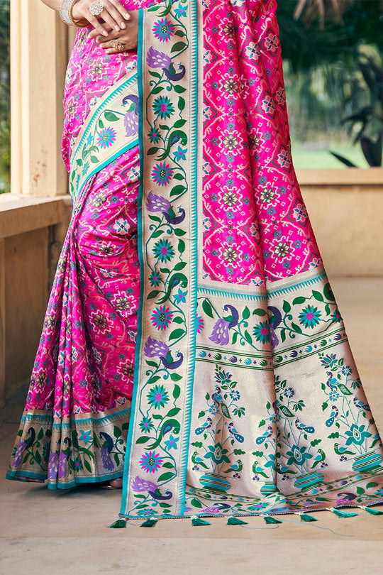 Pink Patola Silk Blend Saree With Blouse Piece