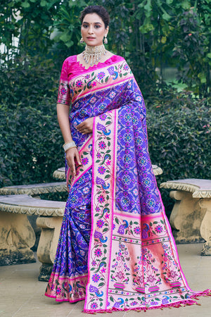Purple Patola Silk Blend Saree With Blouse Piece
