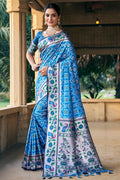 Teal Patola Silk Blend Saree With Blouse Piece