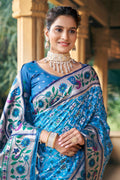 Teal Patola Silk Blend Saree With Blouse Piece