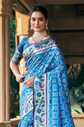 Teal Patola Silk Blend Saree With Blouse Piece