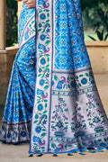 Teal Patola Silk Blend Saree With Blouse Piece