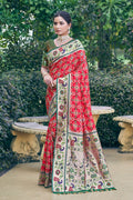 Red Patola Silk Blend Saree With Blouse Piece