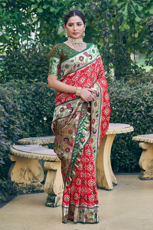 Red Patola Silk Blend Saree With Blouse Piece