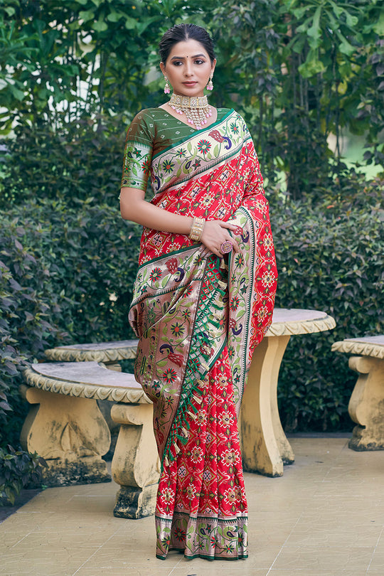 Red Patola Silk Blend Saree With Blouse Piece