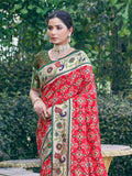 Red Patola Silk Blend Saree With Blouse Piece